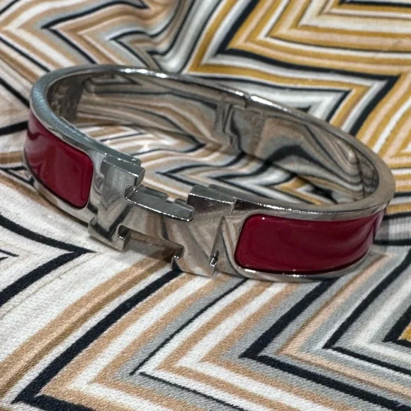 Hermes Silver Bracelet Enamel Narrow Clic Bracelet Burgundy